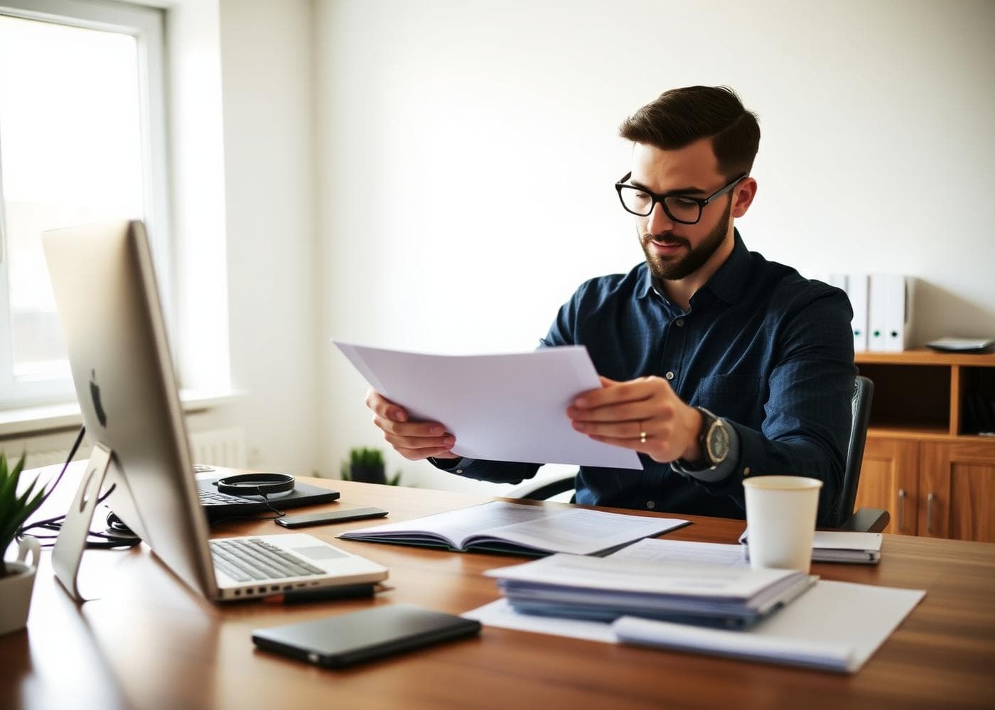 Business owner reviewing documents